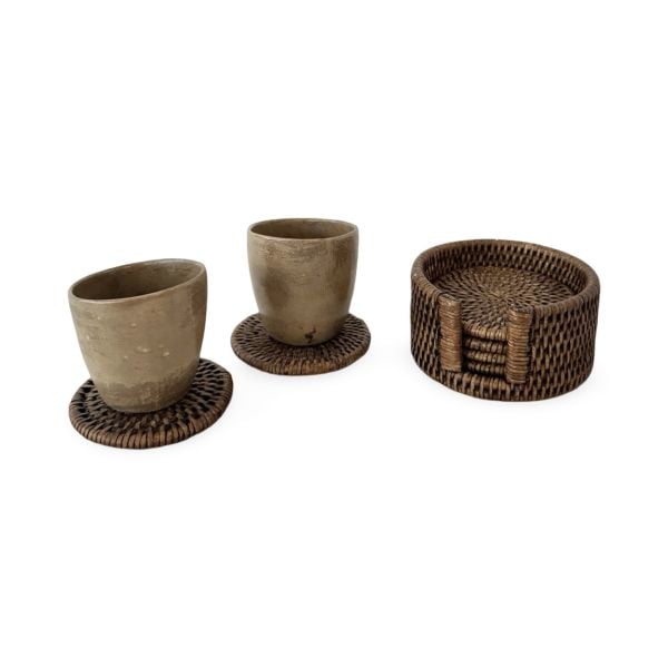 Dark Brown Rattan Coasters with Holder (Set of 6)