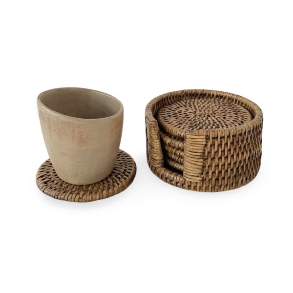 Honey Brown Rattan Coasters with Holder (Set of 6)