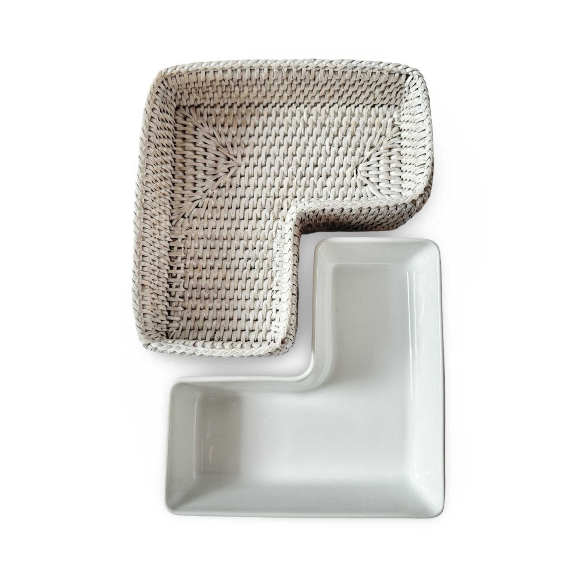 White Wash L-Shaped Porcelain and Rattan Serving Tray