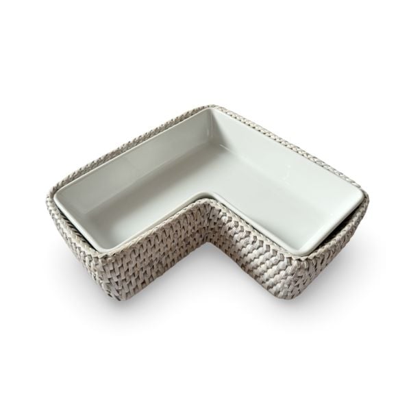 White Wash L-Shaped Porcelain and Rattan Serving Tray