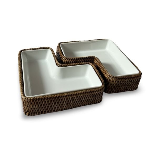 Mid Brown L-Shaped Porcelain and Rattan Serving Tray