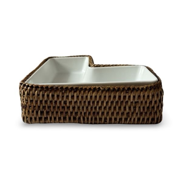 Honey Brown L-Shaped Porcelain and Rattan Serving Tray