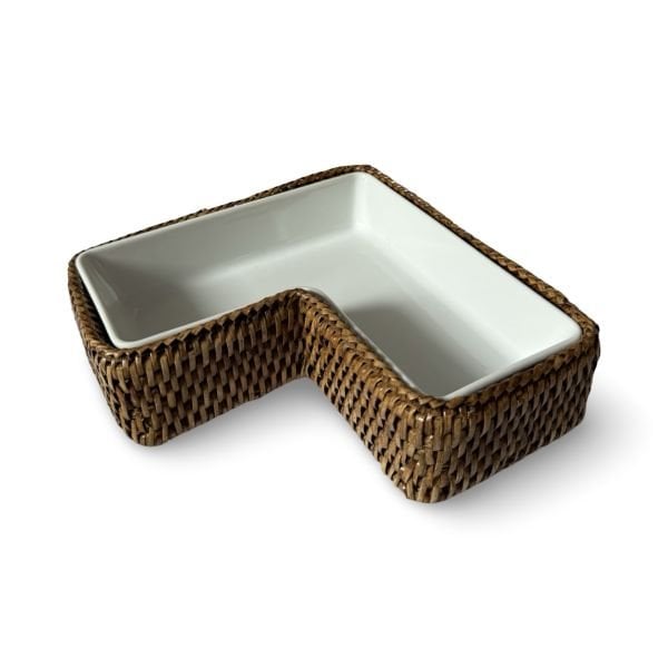 Honey Brown L-Shaped Porcelain and Rattan Serving Tray