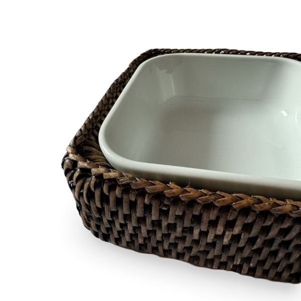 Dark Brown Rattan Porcelain Trio Serving Set