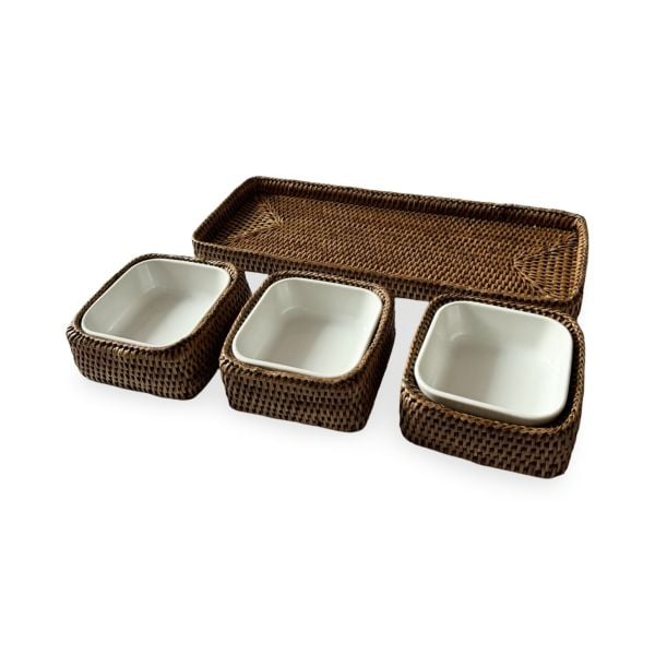 Honey Brown Rattan Porcelain Trio Serving Set