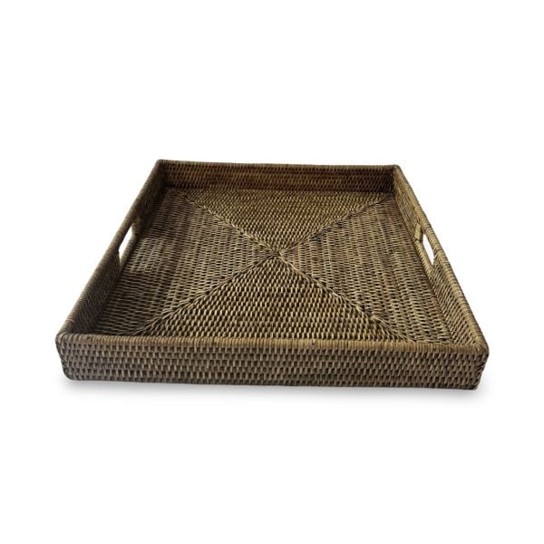 Mid Brown Square Rattan Serving Tray