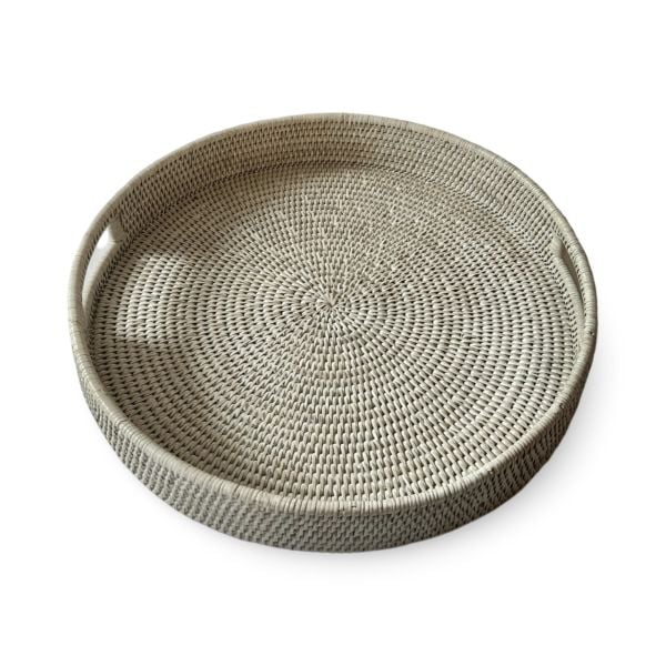 White Wash Round Rattan Serving Tray