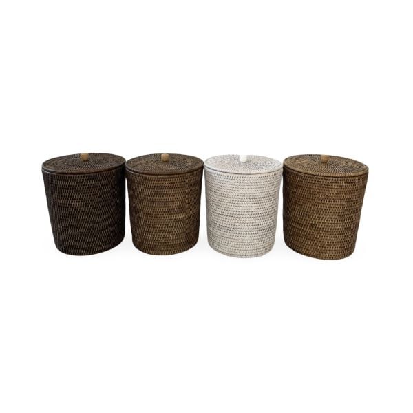 White Wash Round Rattan Waste Bin with Lid and Metal Insert