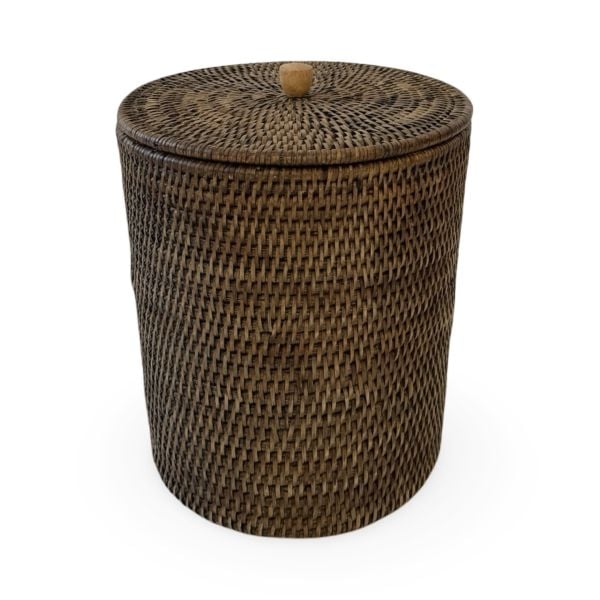 Mid Brown Round Rattan Waste Bin with Lid and Metal Insert