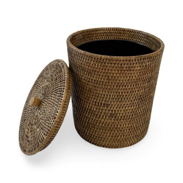 Honey Brown Round Rattan Waste Bin with Lid and Metal Insert