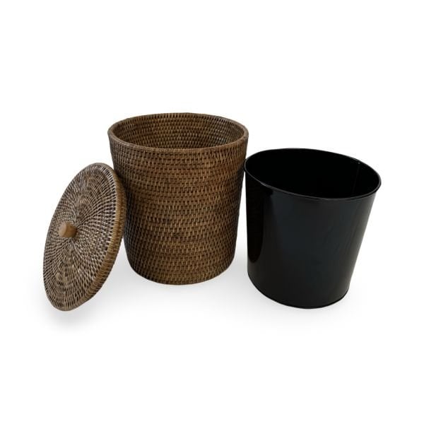 Honey Brown Round Rattan Waste Bin with Lid and Metal Insert