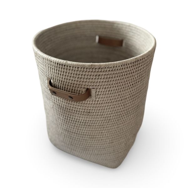 White Wash Long Rattan Basket with Vegetal Leather Handles and Lid