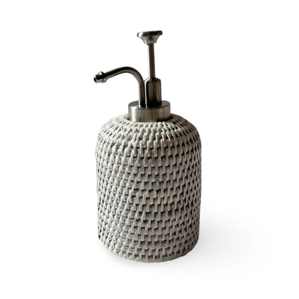 White Wash Large Rattan Soap and Lotion Dispenser with Glass Bottle and Stainless Steel Pump