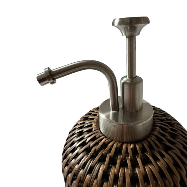 Dark Brown Large Rattan Soap and Lotion Dispenser with Glass Bottle and Stainless Steel Pump