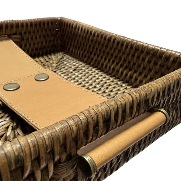 Mid Brown Square Rattan Tissue Tray with Vegetal Leather Accent