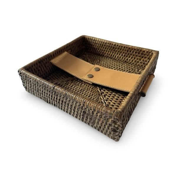 Mid Brown Square Rattan Tissue Tray with Vegetal Leather Accent