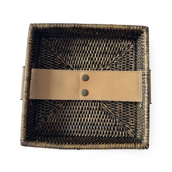 Dark Brown Square Rattan Tissue Tray with Vegetal Leather Accent