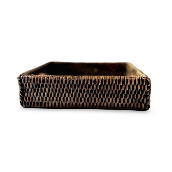 Dark Brown Square Rattan Tissue Tray with Vegetal Leather Accent