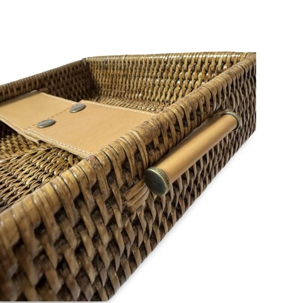 Honey Brown Square Rattan Tissue Tray with Vegetal Leather Accent