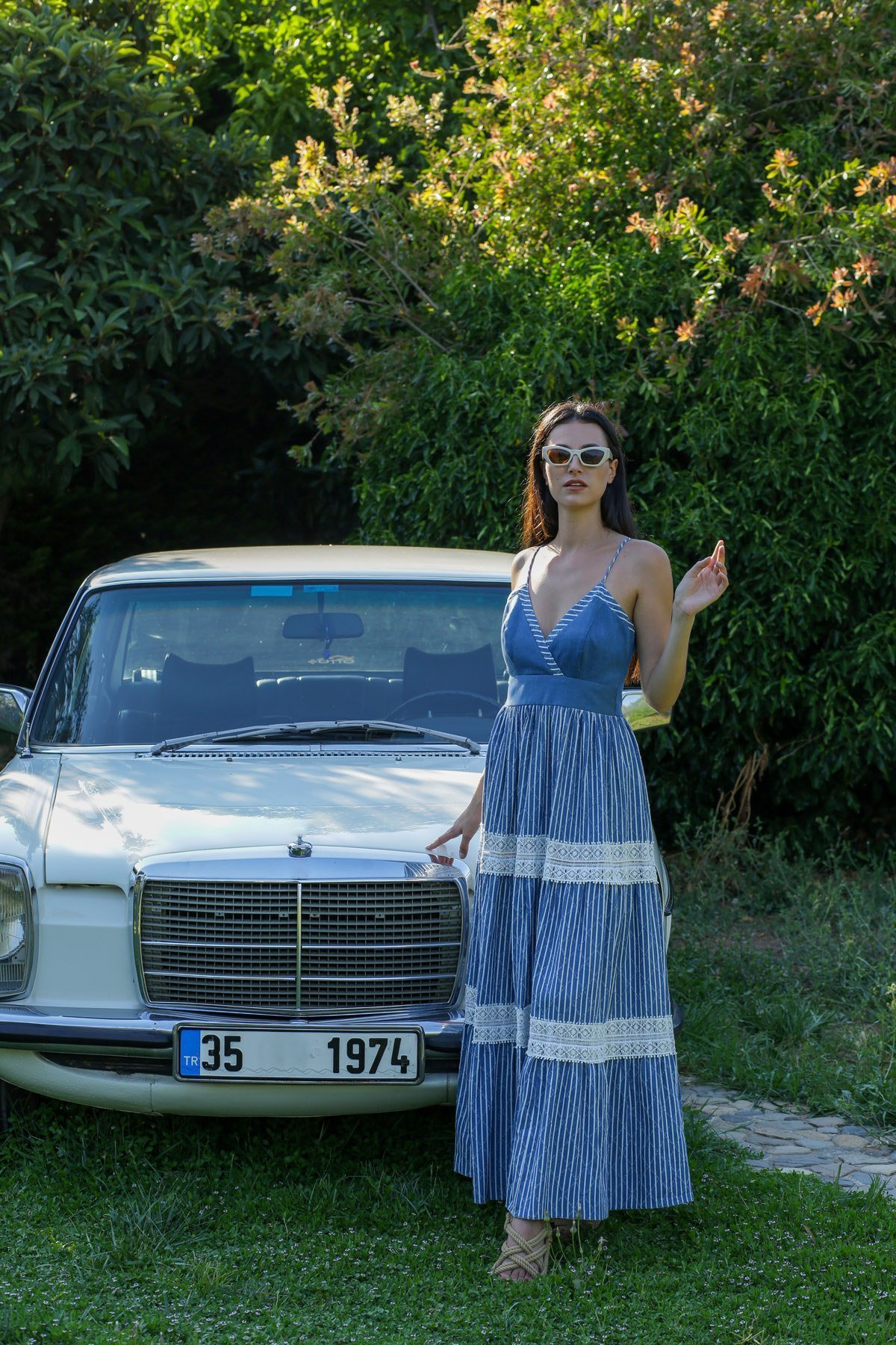Denim Detaylı Viscon Maxi Boy Fistolu Elbise