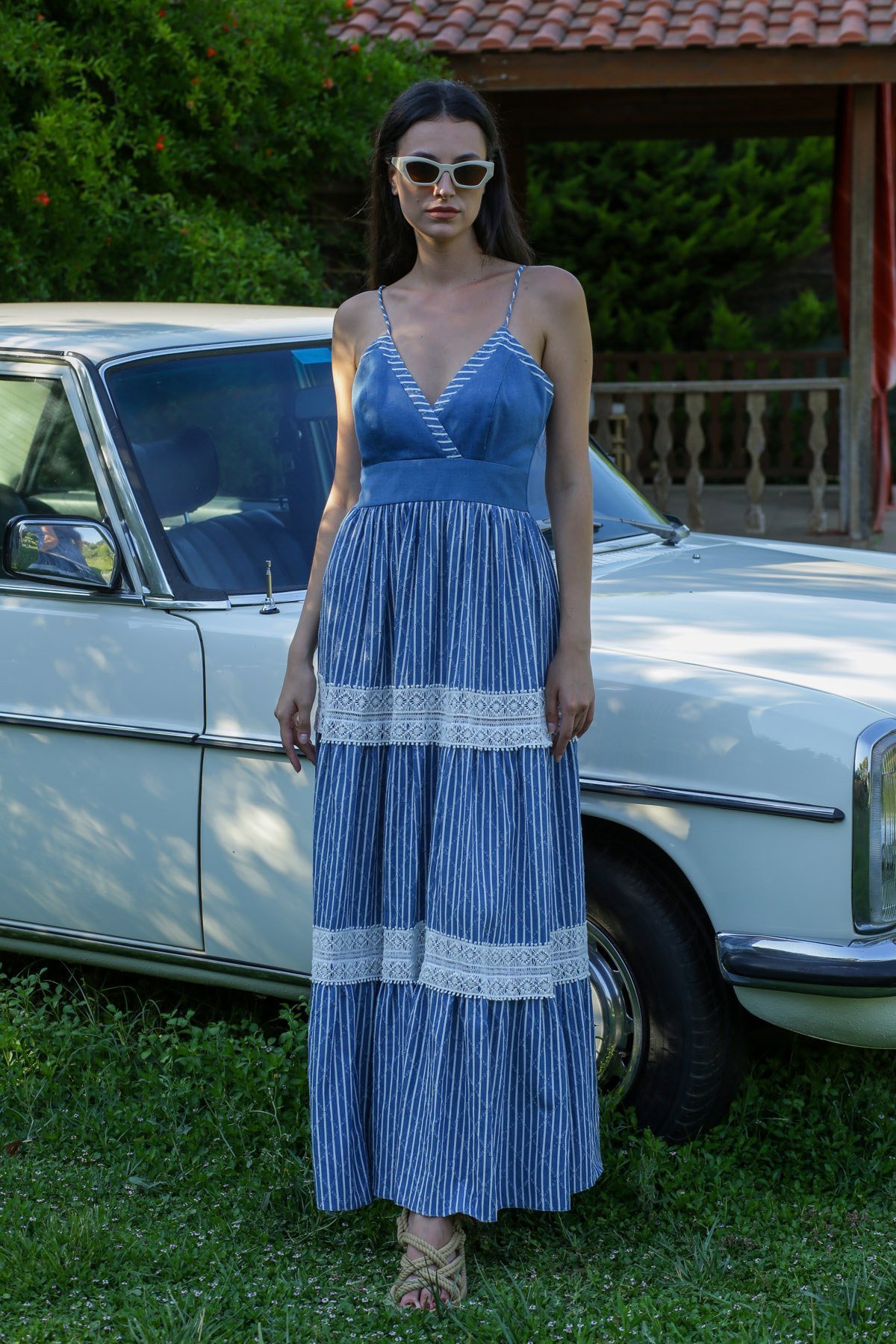 Denim Detaylı Viscon Maxi Boy Fistolu Elbise
