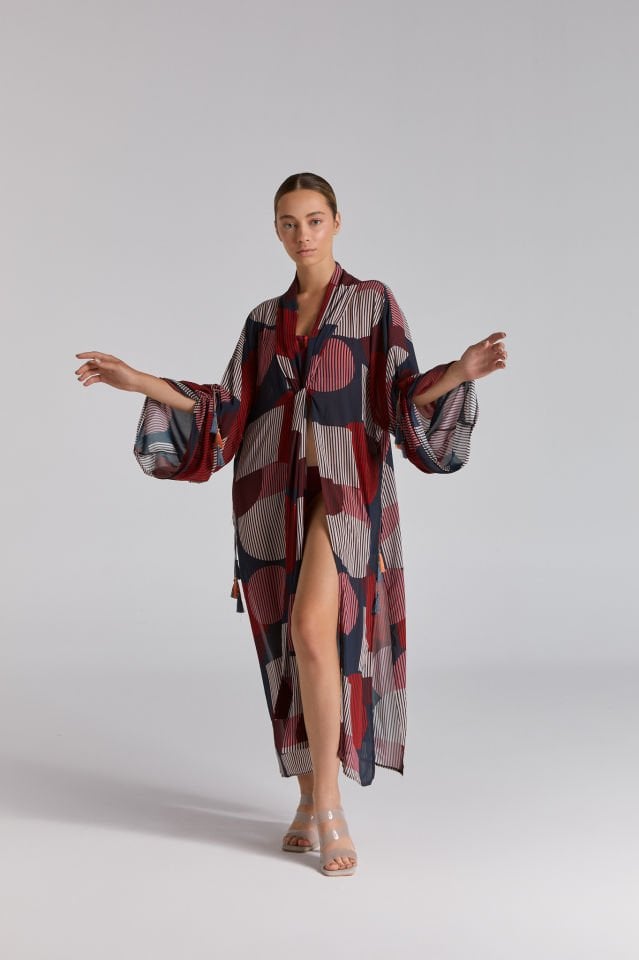 Geometrik Çizgi Desenli Maxi Kimono