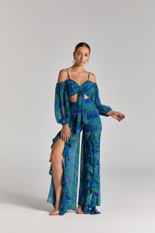 Nula, Desenli Şifon, Fırfırlı Pantolon, Balon Kol Crop Takım