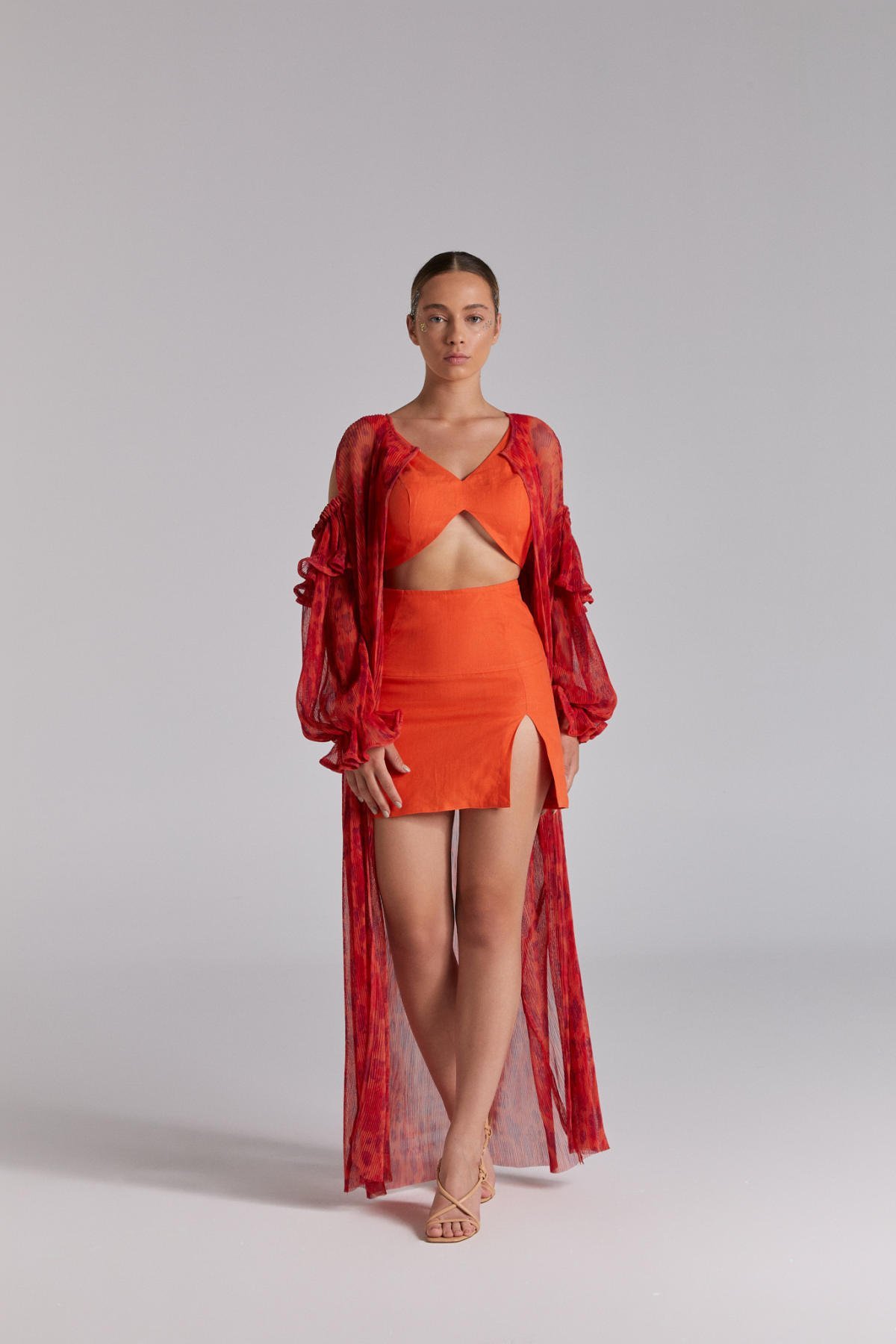 Elly, Turuncu Kimono Etek Crop Takım