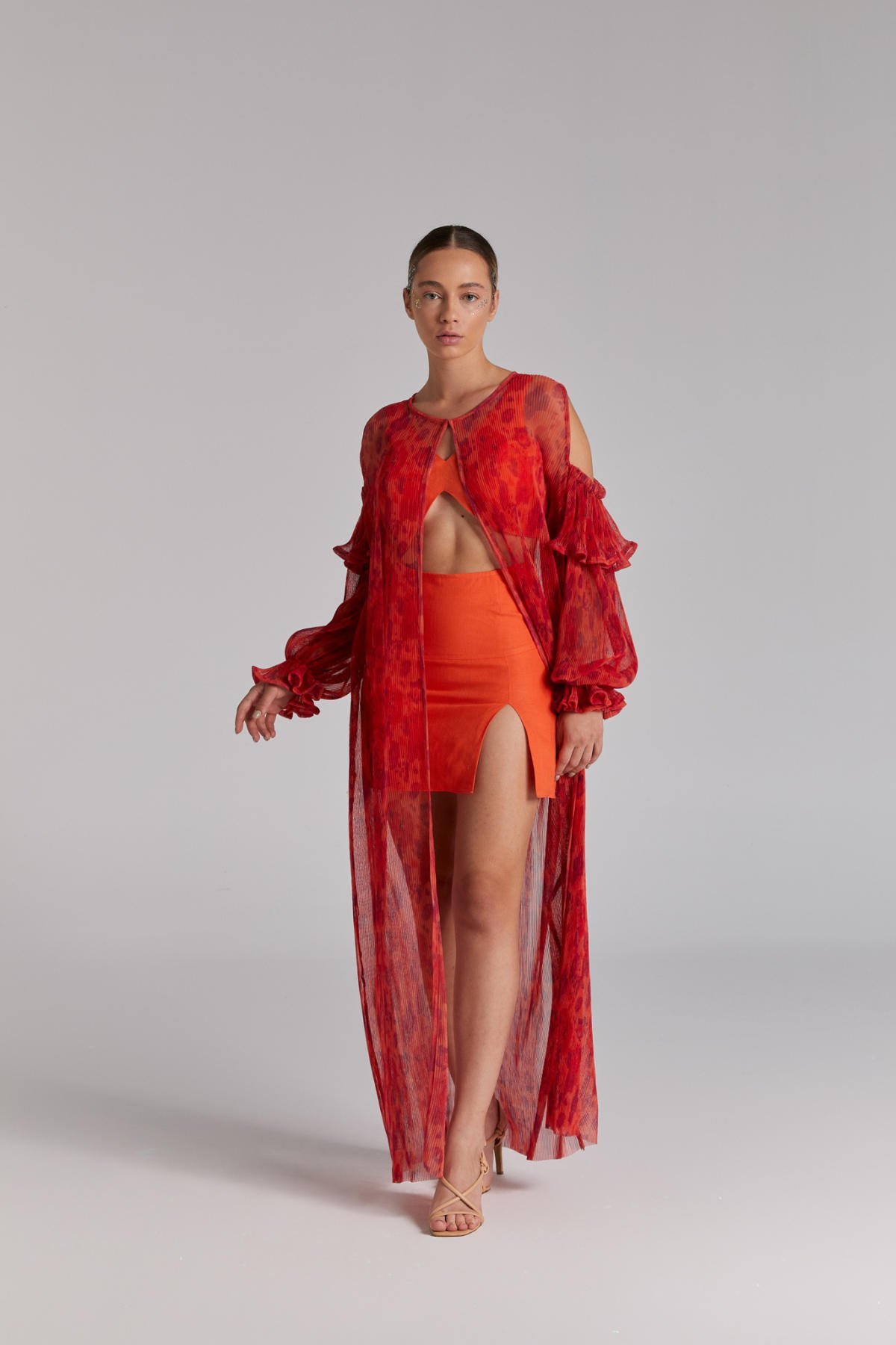 Elly, Turuncu Kimono Etek Crop Takım