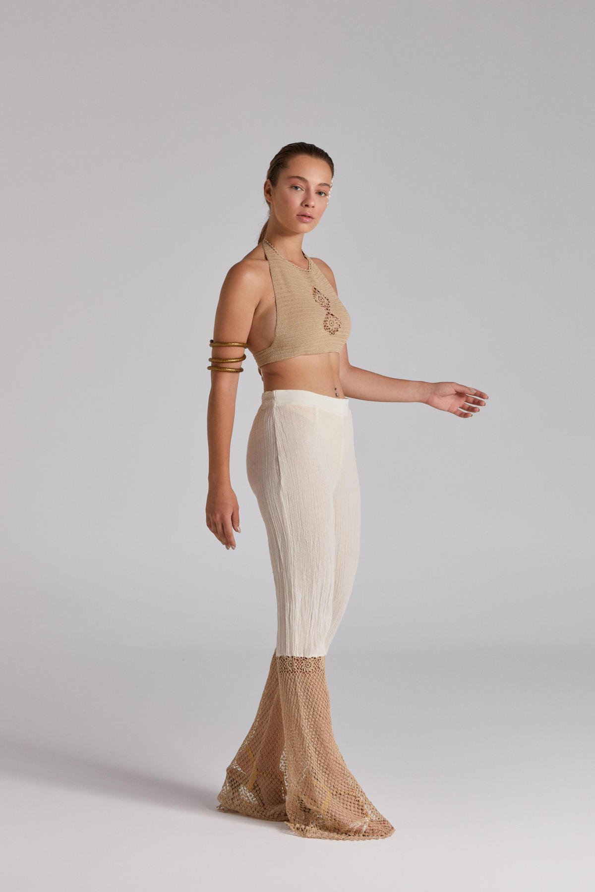 Lace, Buldan Dokuma Kumaş Pantolon Örgü Crop Takım