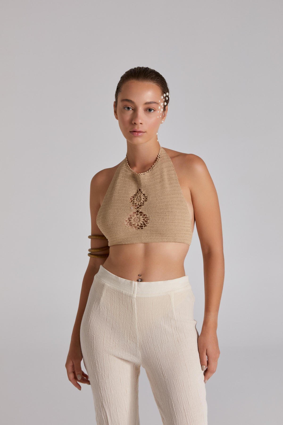 Lace, Buldan Dokuma Kumaş Pantolon Örgü Crop Takım