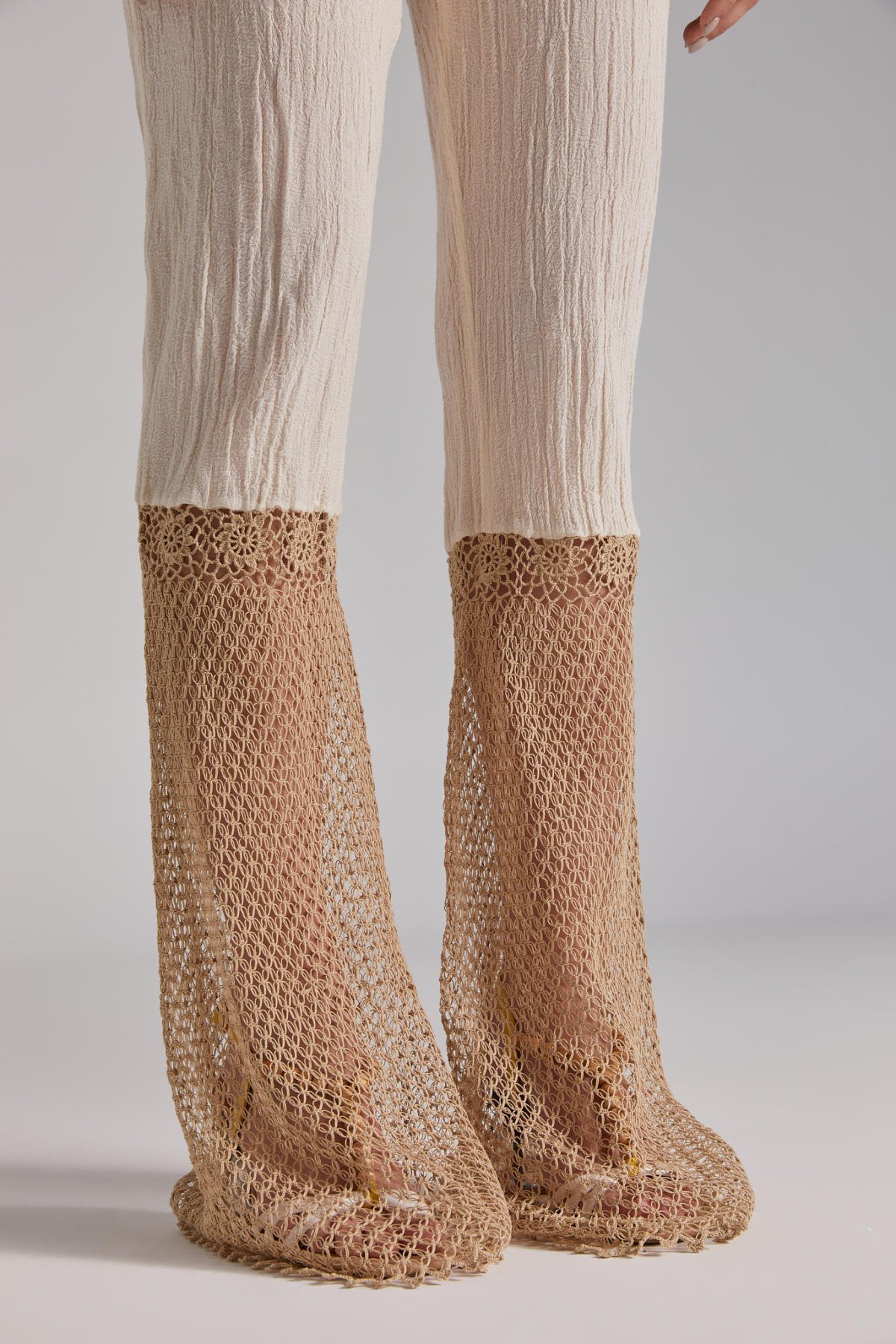 Lace, Buldan Dokuma Kumaş Pantolon Örgü Crop Takım