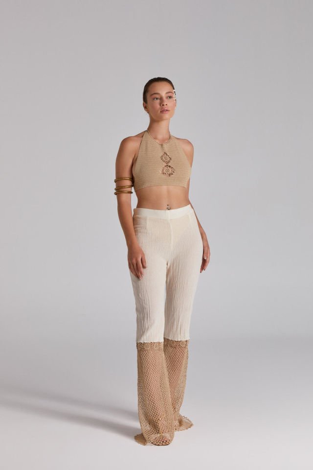 Lace, Buldan Dokuma Kumaş Pantolon Örgü Crop Takım