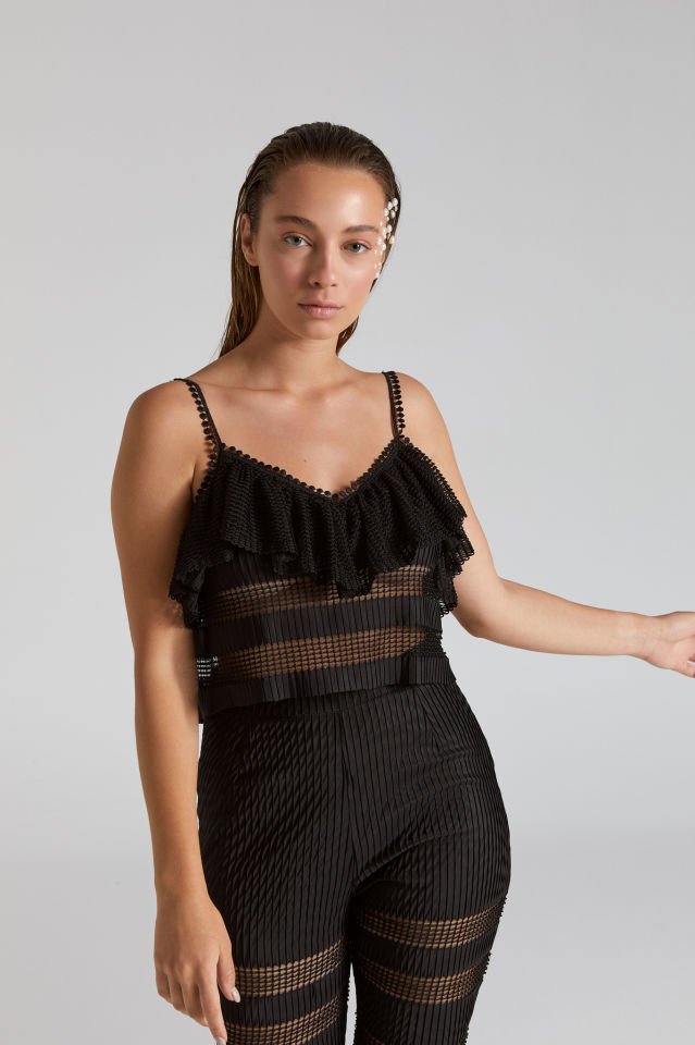 Siyah File Kumaş İspanyol Paça Pantolon Crop Takım