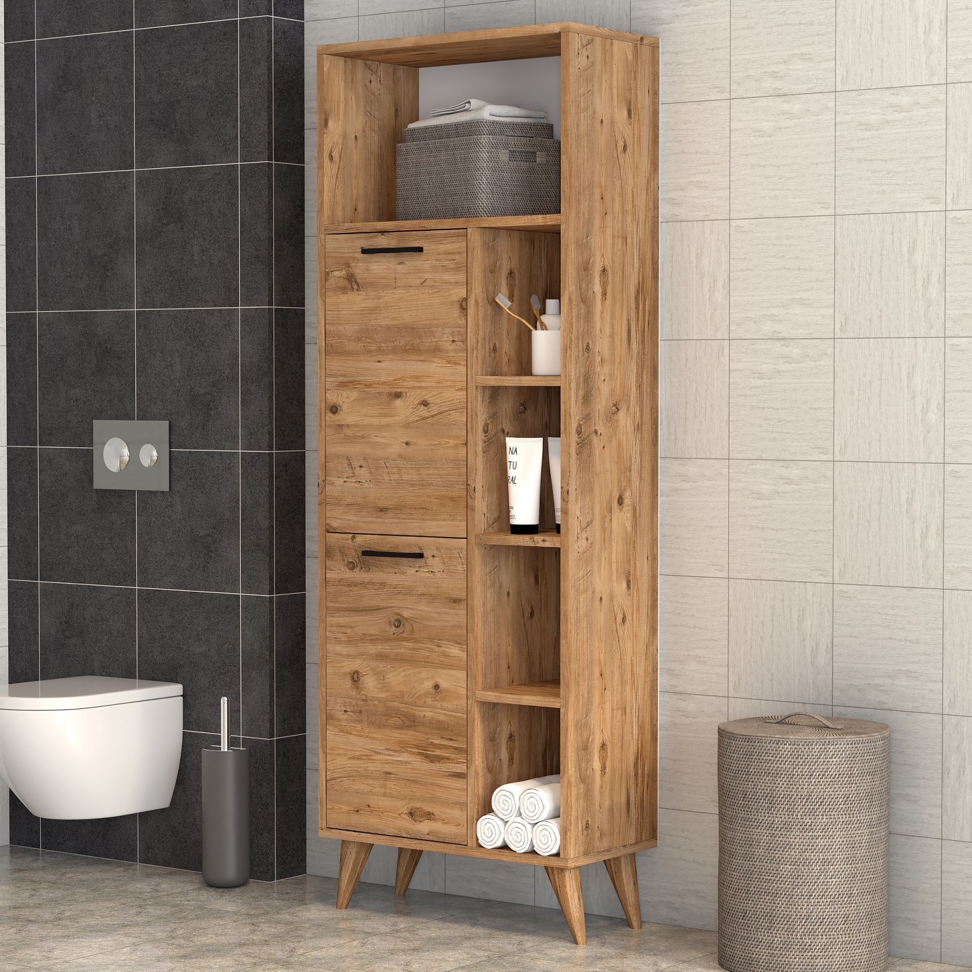 Suna İki Kapaklı 9 Raflı Banyo Dolabı Çam - BDL0402