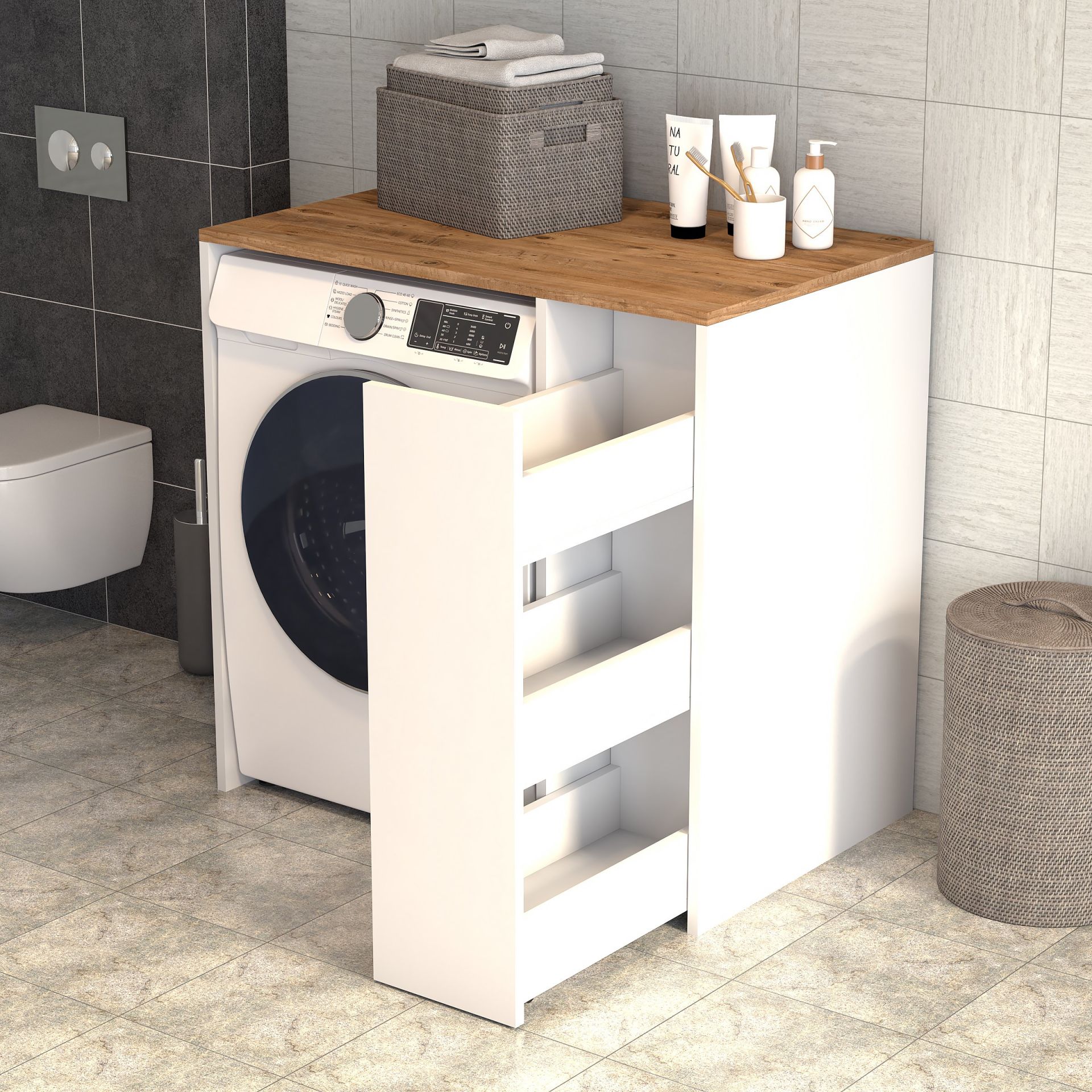 Atlas Çekmeceli Raflı Çamaşır Makinası Dolabı Çam Beyaz - BDL0503