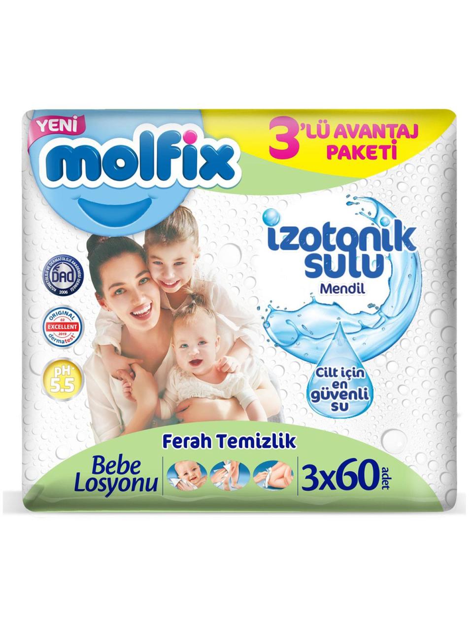 Molfix İzotonik Sulu Islak Mendil Ferah Temizlik 3 PAKET 180 yaprak