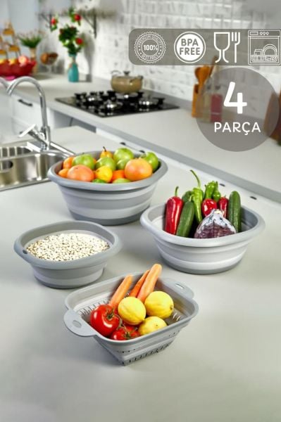 HOMENIVA Gri 4’lü Akordiyon Katlanır Badya Leğen Süzgeç Seti