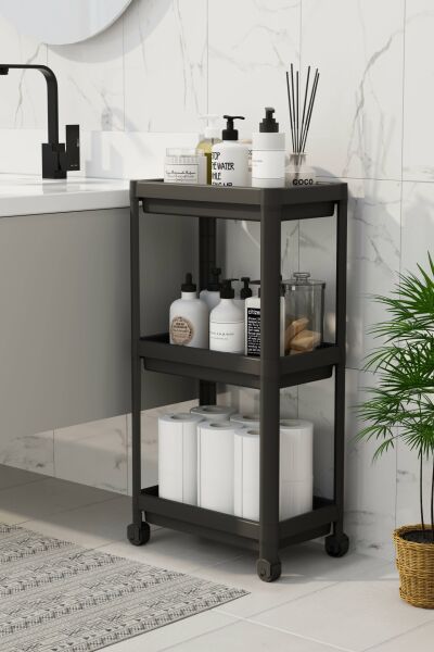 HOMENIVA 3 Katlı Tekerlekli Banyo Rafı, Havluluk, Deterjanlık Makyaj Organizer Siyah