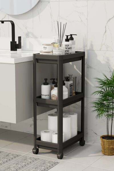 HOMENIVA 3 Katlı Tekerlekli Banyo Rafı, Havluluk, Deterjanlık Makyaj Organizer Siyah