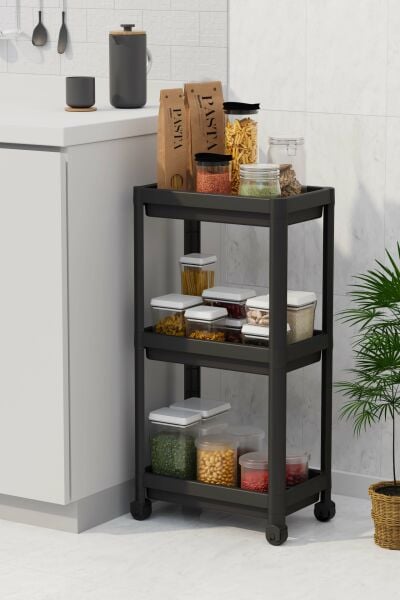 HOMENIVA 3 Katlı Tekerlekli Banyo Rafı, Havluluk, Deterjanlık Makyaj Organizer Siyah