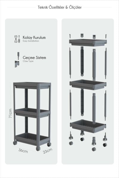HOMENIVA 3 Katlı Tekerlekli Banyo Rafı, Havluluk, Deterjanlık Makyaj Organizer Siyah