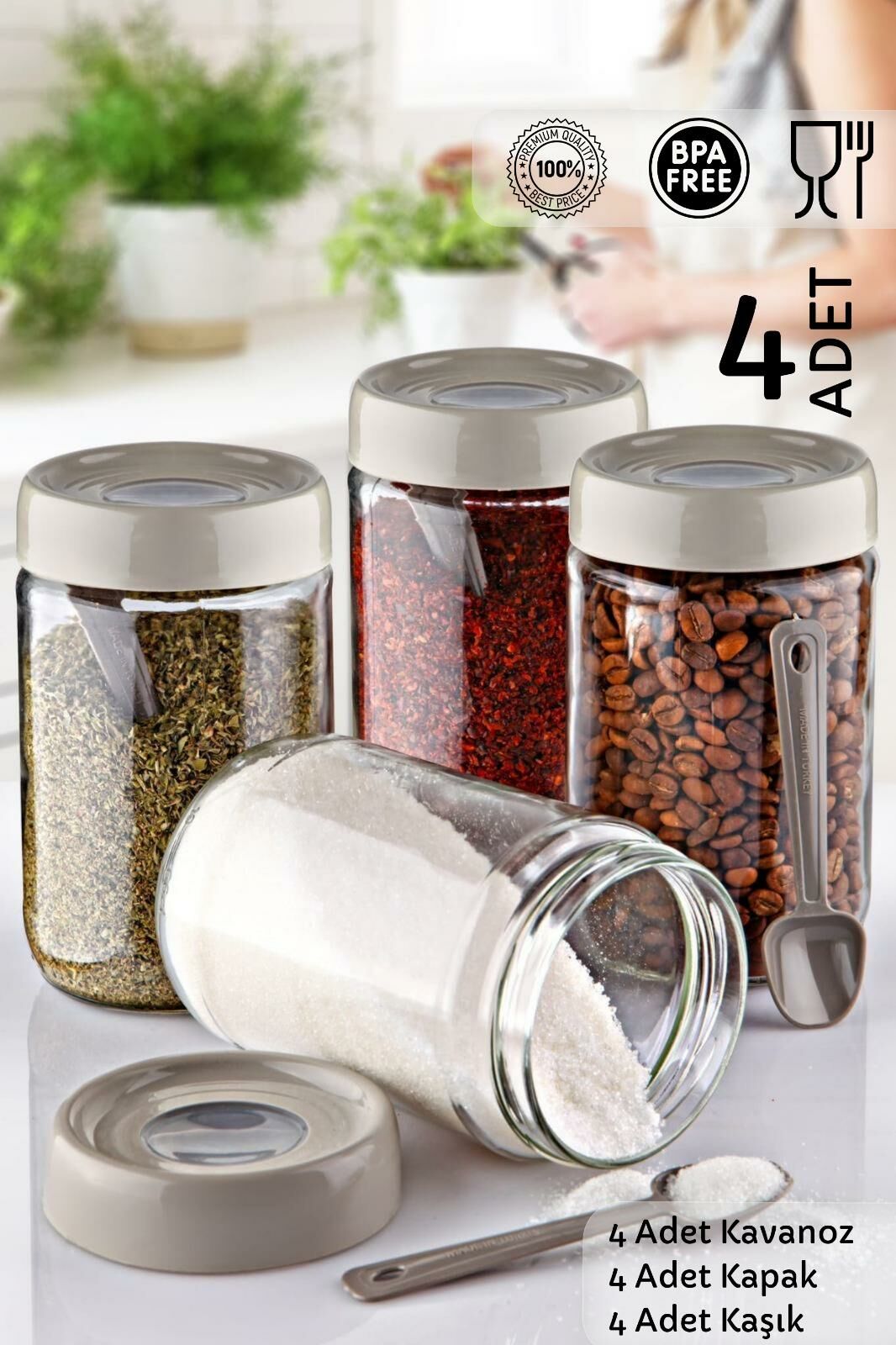 HOMENIVA 4 Adet Flat Kapaklı Cam Kavanoz Seti ‘Kaşık Hediyeli’ 660 ml