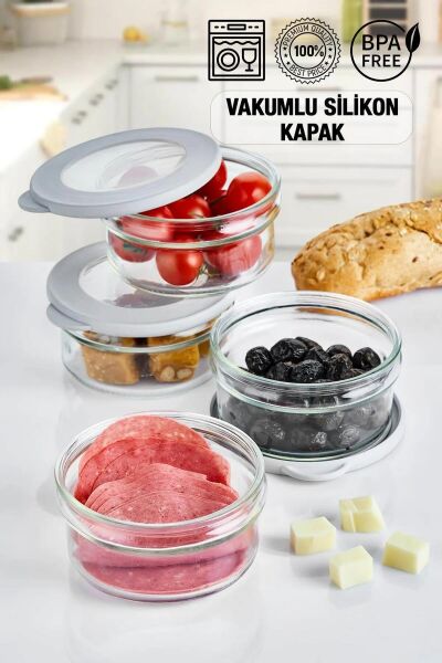 HOMENIVA 4 Adet Vakumlu Kapak Cam Saklama Kabı -Beyaz Cam Kahvaltı Seti