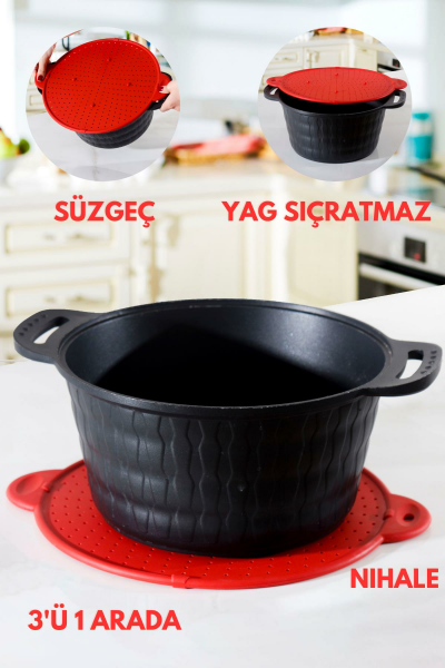 HOMENIVA Kırmızı 3’ü 1 Arada Yağ Sıçratmaz - Nihale - Süzgeç Silikon Kapak