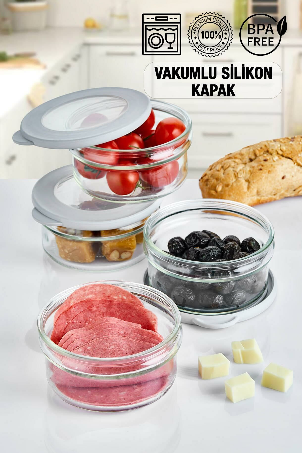 HOMENIVA 4 Adet Vakumlu Kapak Cam Saklama Kabı – Beyaz Cam Kahvaltı Seti