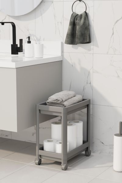 HOMENIVA 2 Katlı Tekerlekli Banyo Rafı, Tuvalet Kağıtlık, Havluluk, Deterjanlık, Makyaj Organizer Siyah