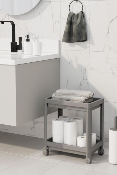 HOMENIVA 2 Katlı Tekerlekli Banyo Rafı, Tuvalet Kağıtlık, Havluluk, Deterjanlık, Makyaj Organizer Siyah