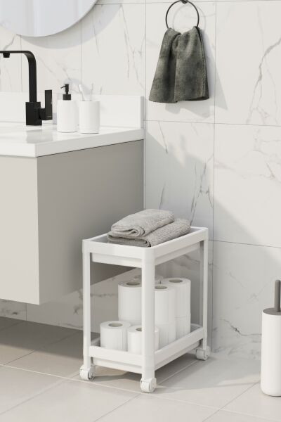 HOMENIVA 2 Katlı Tekerlekli Banyo Rafı, Tuvalet Kağıtlık, Havluluk, Deterjanlık, Makyaj Organizer Beyaz