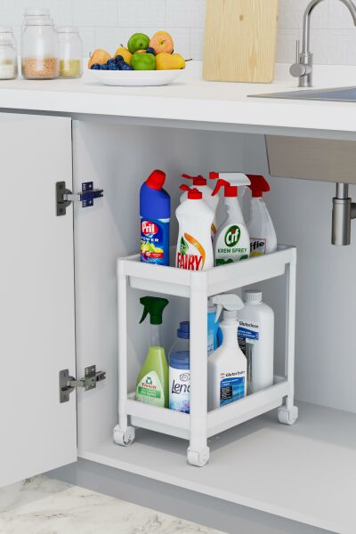 HOMENIVA 2 Katlı Tekerlekli Banyo Rafı, Tuvalet Kağıtlık, Havluluk, Deterjanlık, Makyaj Organizer Beyaz